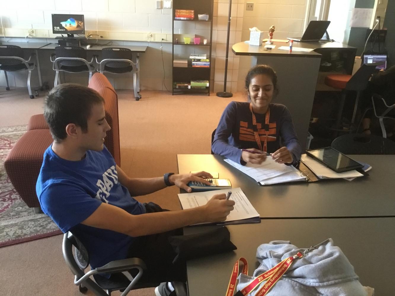 Senior Daniel Owen and Uma Pradeepan study together in the AP Resource Room, which is a new addition to the SHS media center.