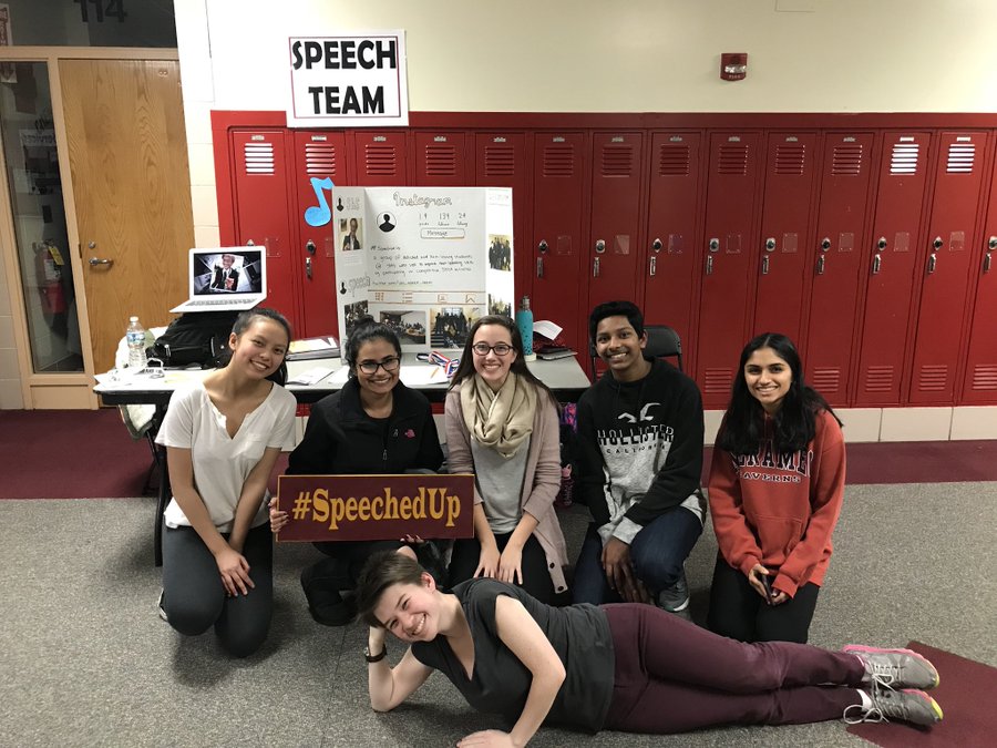 A picture of the Speech Team during Freshmen Recruitment Night, with co-captains Maddy Chau and Sara Shahid, with Sara Harder, Cedric Matthew, Nikita Sharma, and Zoe Mihevic laying on the floor, from left-to right.