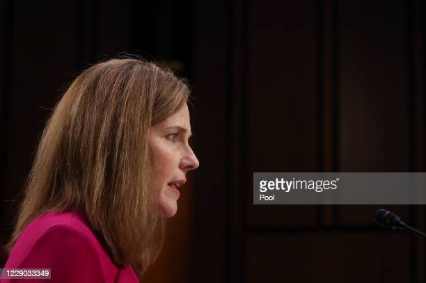 WASHINGTON, DC - OCTOBER 12: Supreme Court nominee Judge Amy Coney Barrett makes her opening statement on the first day of her Supreme Court confirmation hearing before the Senate Judiciary Committee on Capitol Hill on October 12, 2020 in Washington, DC. With less than a month until the presidential election, President Donald Trump tapped Amy Coney Barrett to be his third Supreme Court nominee in just four years. If confirmed, Barrett would replace the late Associate Justice Ruth Bader Ginsburg. (Photo by Leah Millis-Pool/Getty Images)