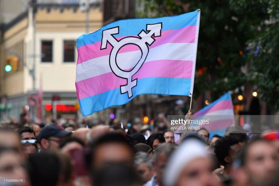 A person holds a transgender pride flag as people gather on Christopher Street outside the Stonewall Inn for a rally to mark the 50th anniversary of the Stonewall Riots in New York, June 28, 2019. - The June 1969 riots, sparked by repeated police raids on the Stonewall Inn -- a well-known gay bar in New Yorks Greenwich Village -- proved to be a turning point in the LGBTQ communitys struggle for civil rights. (Photo by ANGELA WEISS / AFP)        (Photo credit should read ANGELA WEISS/AFP via Getty Images)