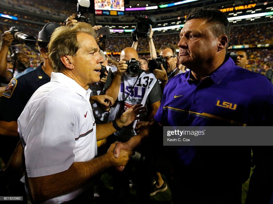 BATON ROUGE, LA - NOVEMBER 05:  Head coach Nick Saban of the Alabama Crimson Tide shakes hands with head coach Ed Orgeron of the LSU Tigers after their 10-0 win at Tiger Stadium on November 5, 2016 in Baton Rouge, Louisiana.  (Photo by Kevin C. Cox/Getty Images)