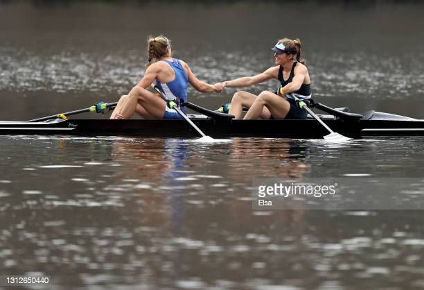WEST WINDSOR, NEW JERSEY - APRIL 15: The Cambridge Boat Club/ARION composite crew of Gevvie Stone and Kristina Wagner celebrates the win the Womens Double Sculls final during the United States Olympic and Paralympic Rowing trials on April 15, 2021 at Mercer Lake in West Windsor, New Jersey. (Photo by Elsa/Getty Images)
