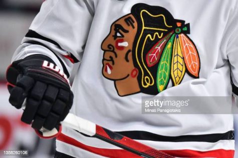 MONTREAL, QC - DECEMBER 09:  A detailed view of the Chicago Blackhawks logo during warmups prior to the game against the Montreal Canadiens at Centre Bell on December 9, 2021 in Montreal, Canada.  The Chicago Blackhawks defeated the Montreal Canadiens 2-0.  (Photo by Minas Panagiotakis/Getty Images)