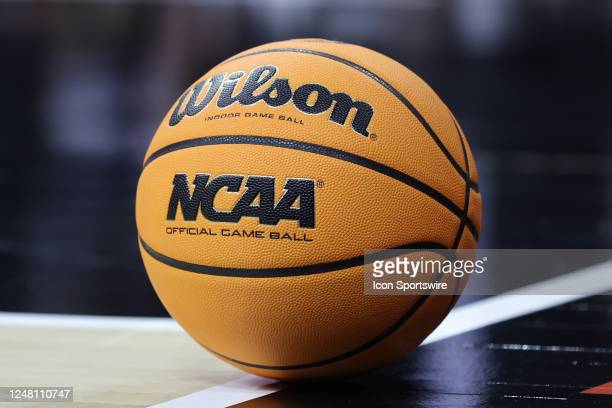 KANSAS CITY, MO - MARCH 11: A view of a Wilson basketball with NCAA on it before the Big 12 basketball tournament championship game between the Texas Longhorns and Kansas Jayhawks on March 11, 2023 at T-Mobile Center in Kansas City, MO. (Photo by Scott Winters/Icon Sportswire via Getty Images)
