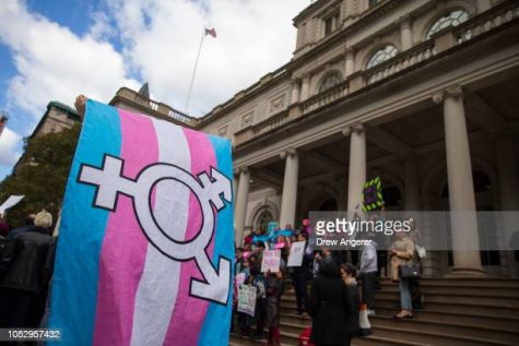 NEW YORK, NY - OCTOBER 24: L.G.B.T. activists and their supporters rally in support of transgender people on the steps of New York City Hall, October 24, 2018 in New York City. The group gathered to speak out against the Trump administrations stance toward transgender people. Last week, The New York Times reported on an unreleased administration memo that proposes a strict biological definition of gender based on a persons genitalia at birth. (Photo by Drew Angerer/Getty Images)