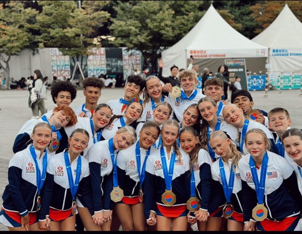 Jaden Stilling and Team USA celebrate their 1st place finish at the ICU Cheerleading World Cup in South Korea.
